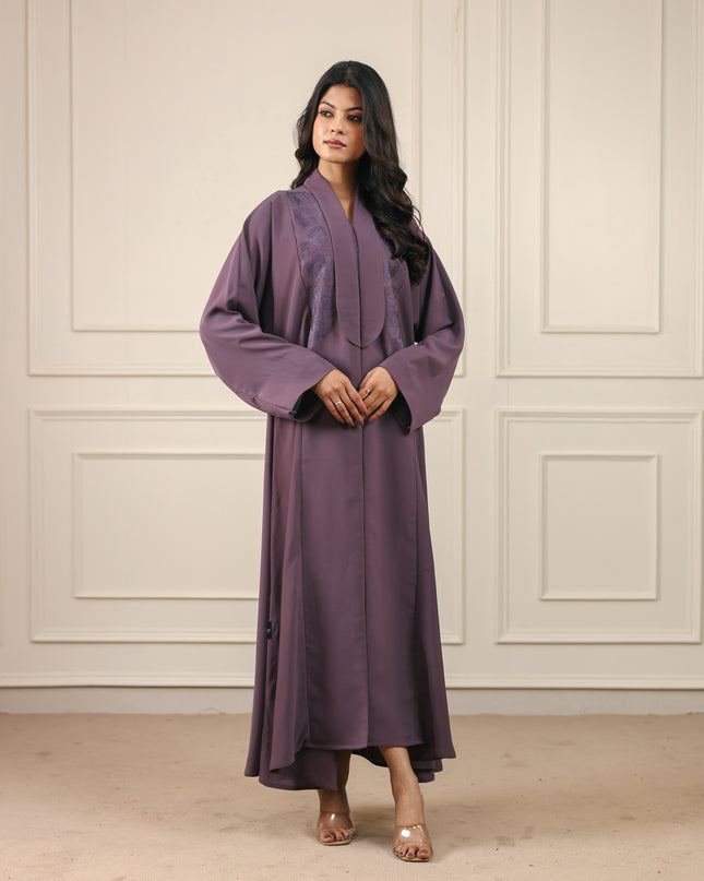 Mystic Plum Embroidery With Long Collared Abaya