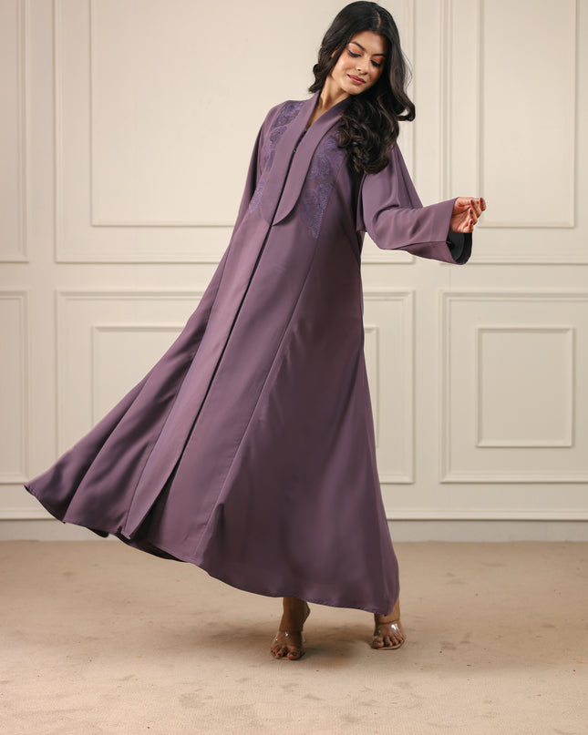 Mystic Plum Embroidery With Long Collared Abaya