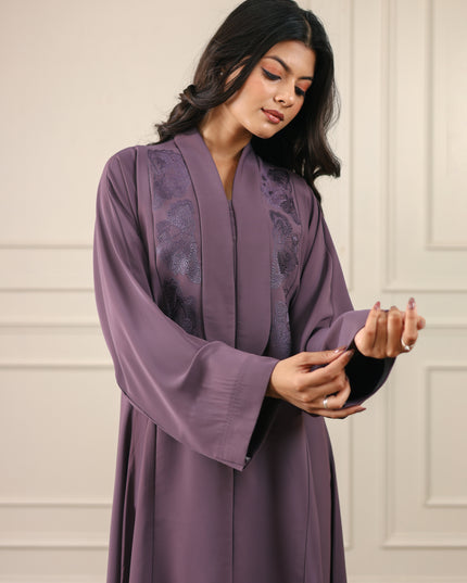 Mystic Plum Embroidery With Long Collared Abaya