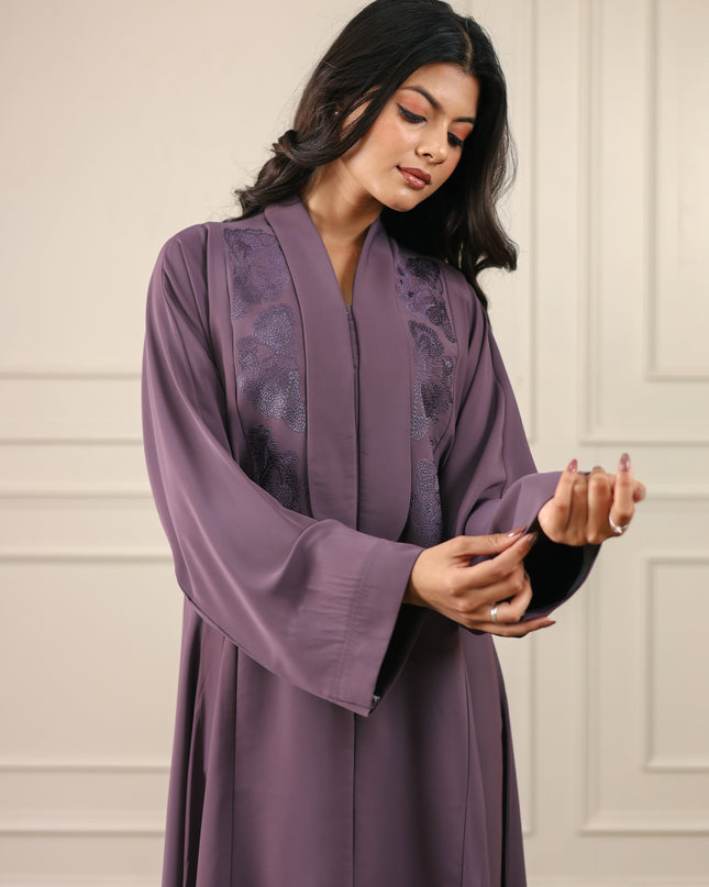 Mystic Plum Embroidery With Long Collared Abaya