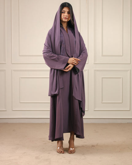 Mystic Plum Embroidery With Long Collared Abaya