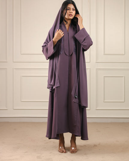 Mystic Plum Embroidery With Long Collared Abaya