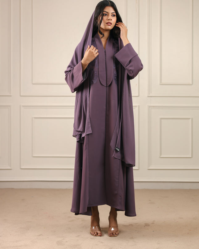 Mystic Plum Embroidery With Long Collared Abaya