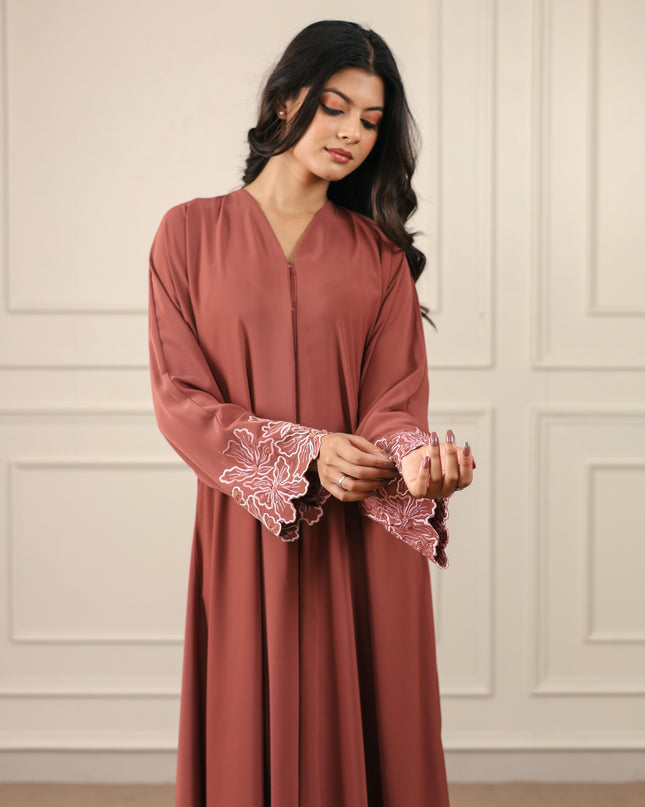 Blush Hem Embroidery With Handwork Abaya