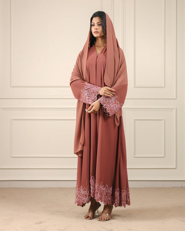 Blush Hem Embroidery With Handwork Abaya