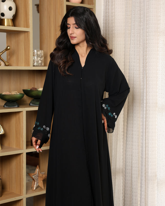 Midnight Elegance Double Layered Georgette Handwork Abaya