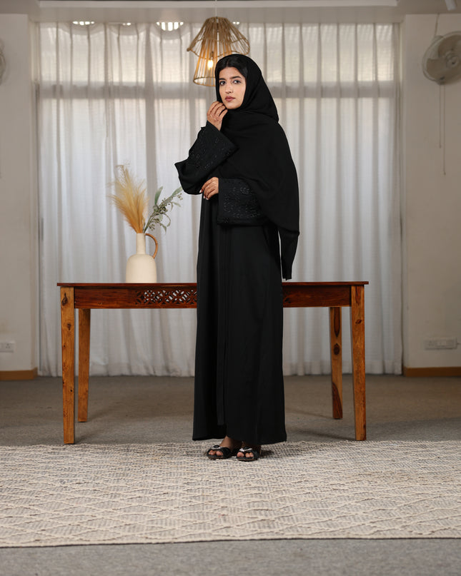 Majestic Black Embroidery With Handwork Sleeves Abaya