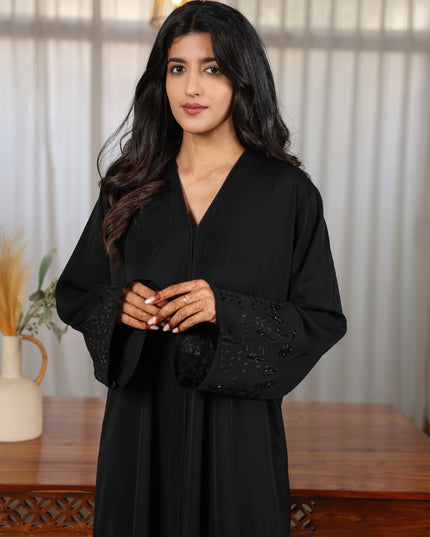 Majestic Black Embroidery With Handwork Sleeves Abaya