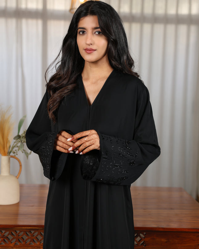 Majestic Black Embroidery With Handwork Sleeves Abaya