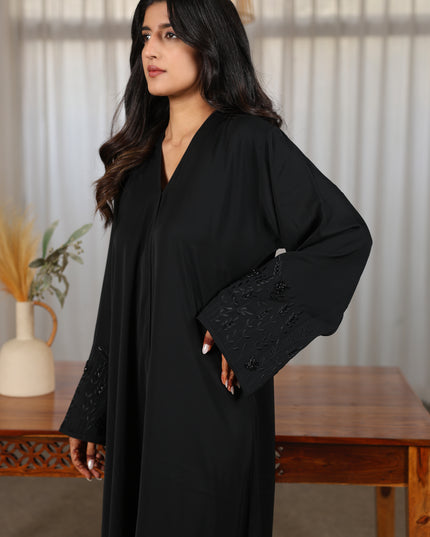 Majestic Black Embroidery With Handwork Sleeves Abaya