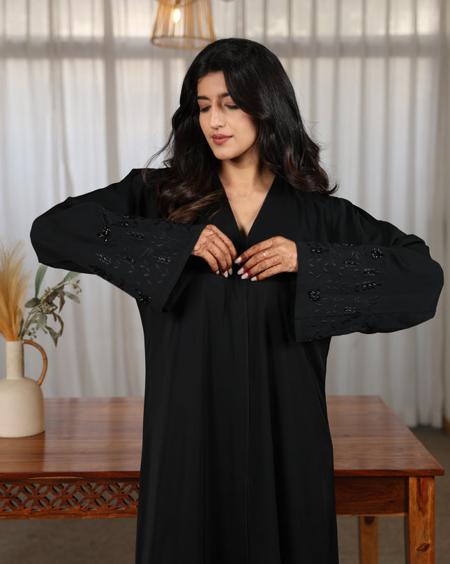 Majestic Black Embroidery With Handwork Sleeves Abaya