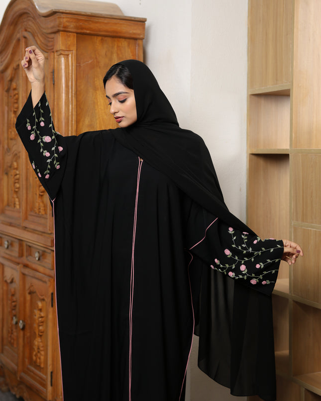 Pink-Trimmed Handwork Kaftan Abaya