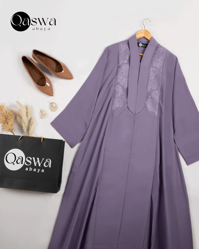 Mystic Plum Embroidery With Long Collared Abaya