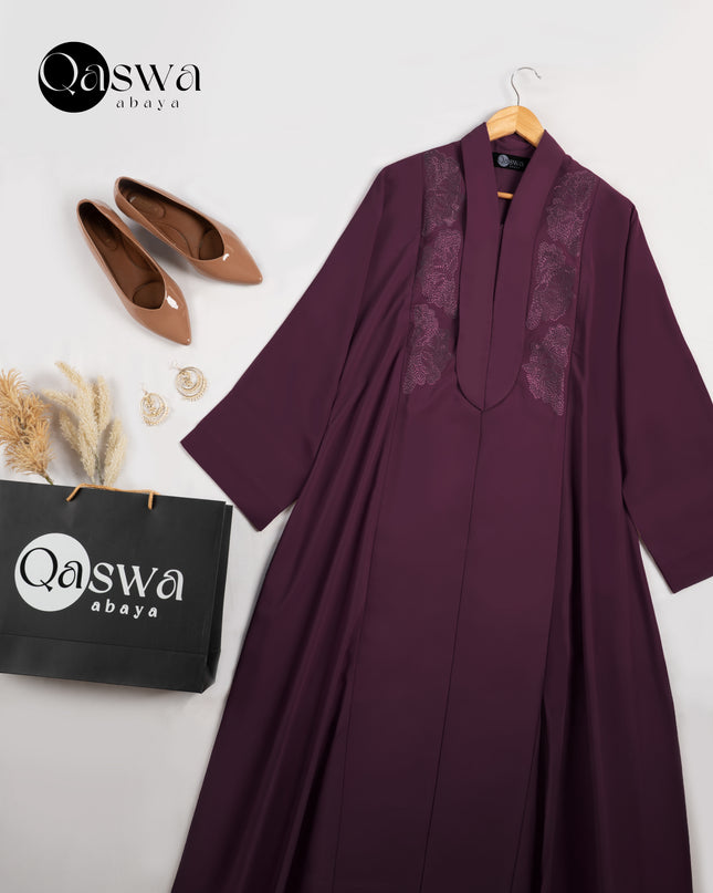 Mystic Plum Embroidery With Long Collared Abaya